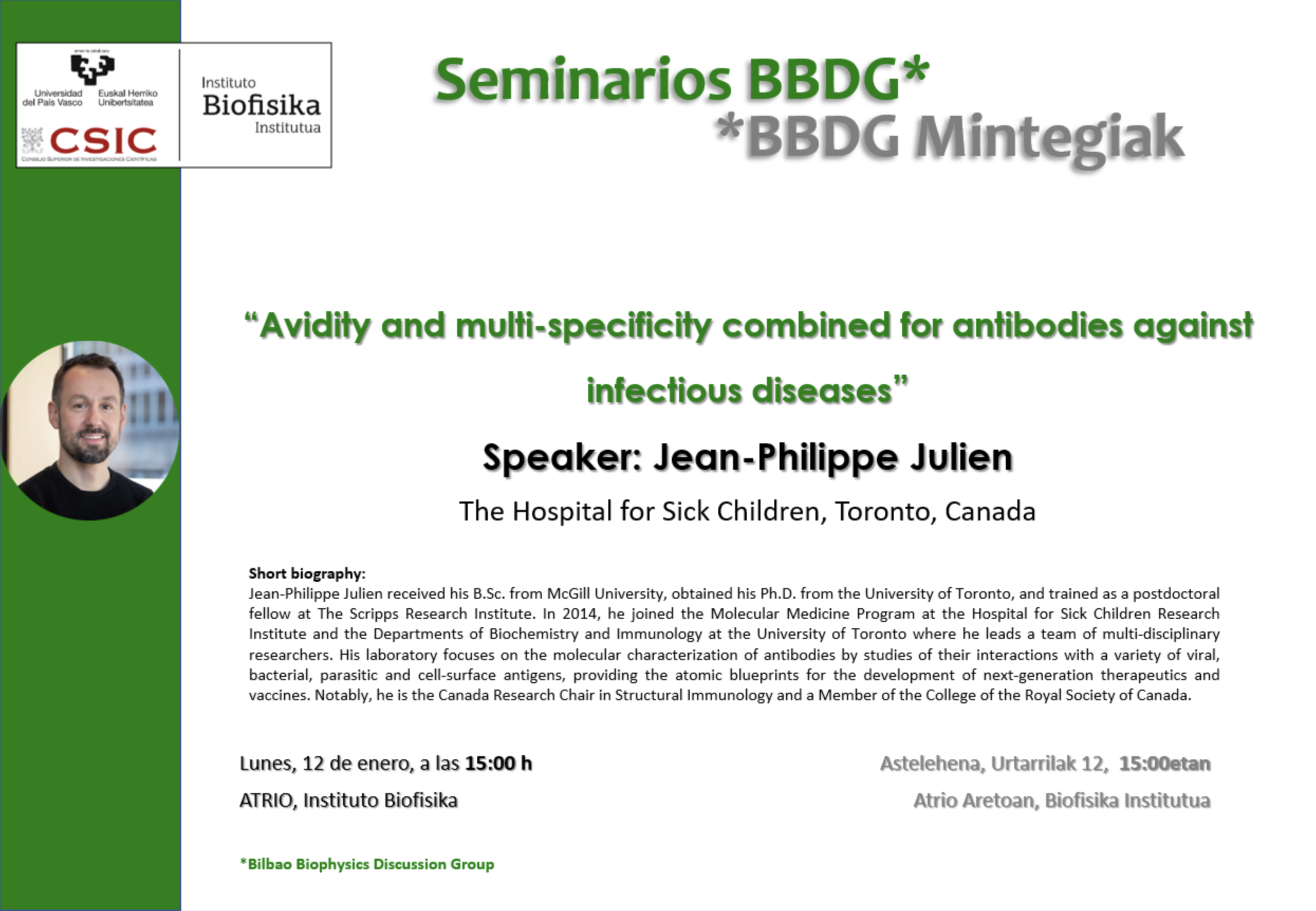 BBDG Seminar: "Avidity and multi-specificity combined for antibodies against infectious diseases"