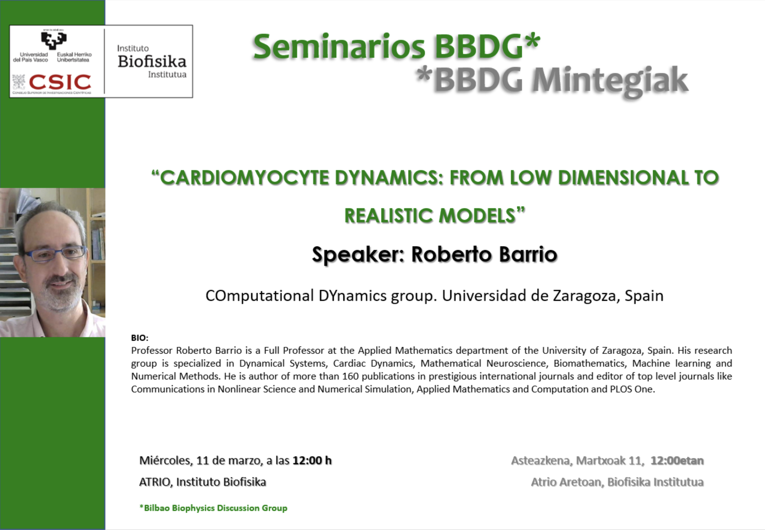 BBDG Seminar: "Cardiomyocyte dynamics: from low dimensional to realistic models"