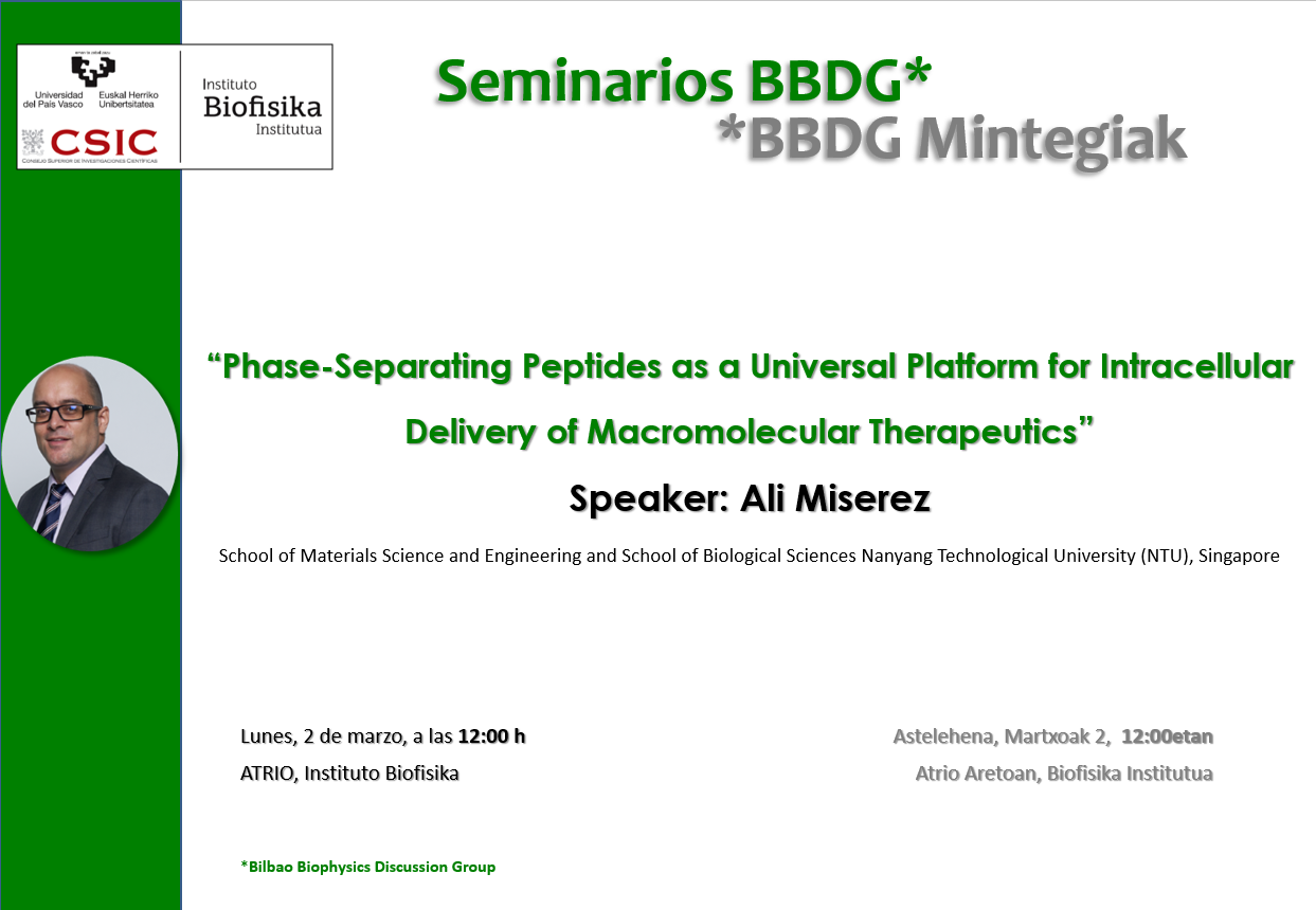 BBDG Seminar: "Phase-Separating Peptides as a Universal Platform for Intracellular Delivery of Macromolecular Therapeutics"